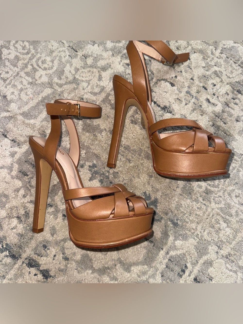 Womens High Heel Platform Sandals in Cognac Brown